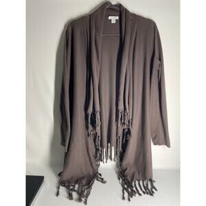 Garnet Hill Brown Cotton Cashmere Fringe Open Front Cardigan Sweater Size Small